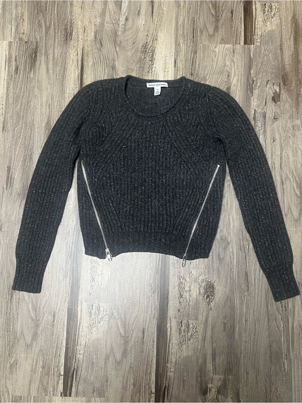 Autumn Cashmere Charcoal Gray 100% Cashmere Ribbed Zipper Crewneck Sweater XS
